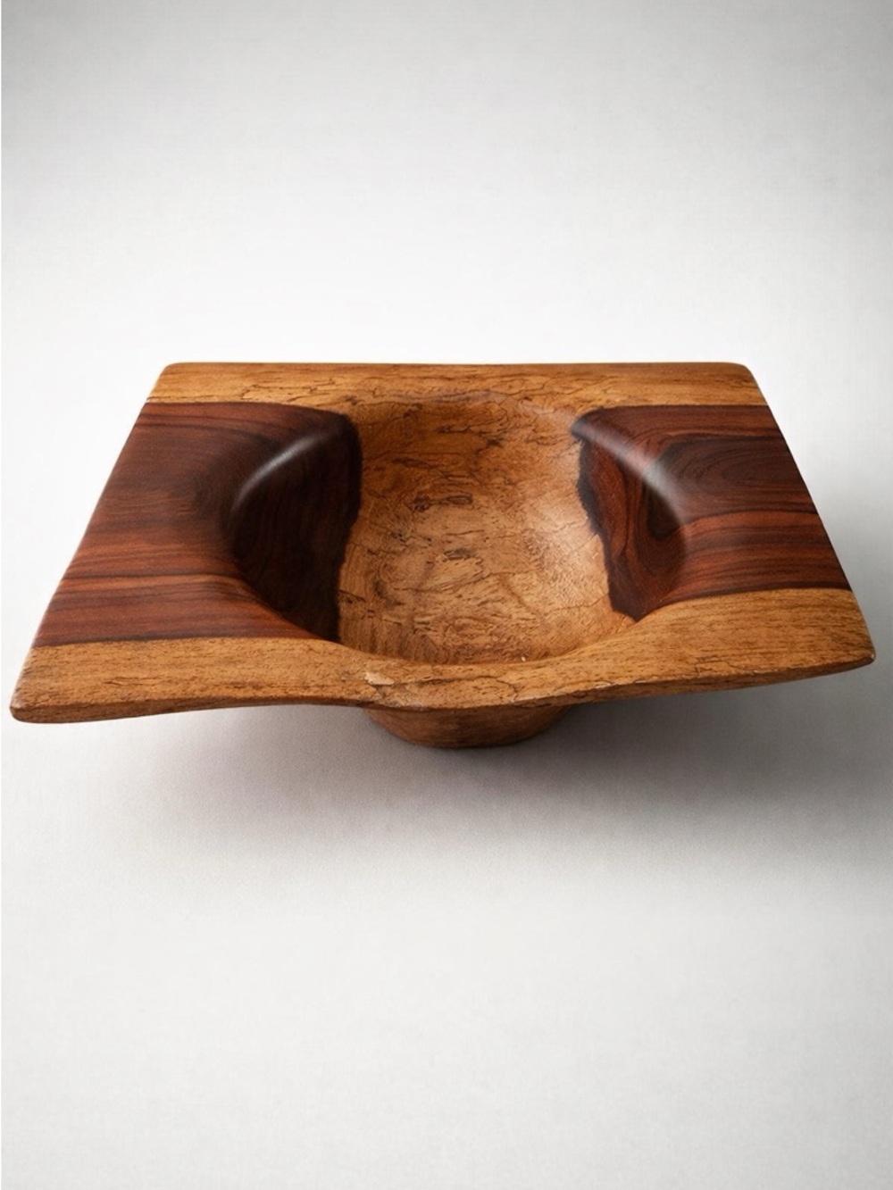 Unique Hand Carved Two-Tone Walnut Wood Bowl, MCM Decor, Vintage, Beachy